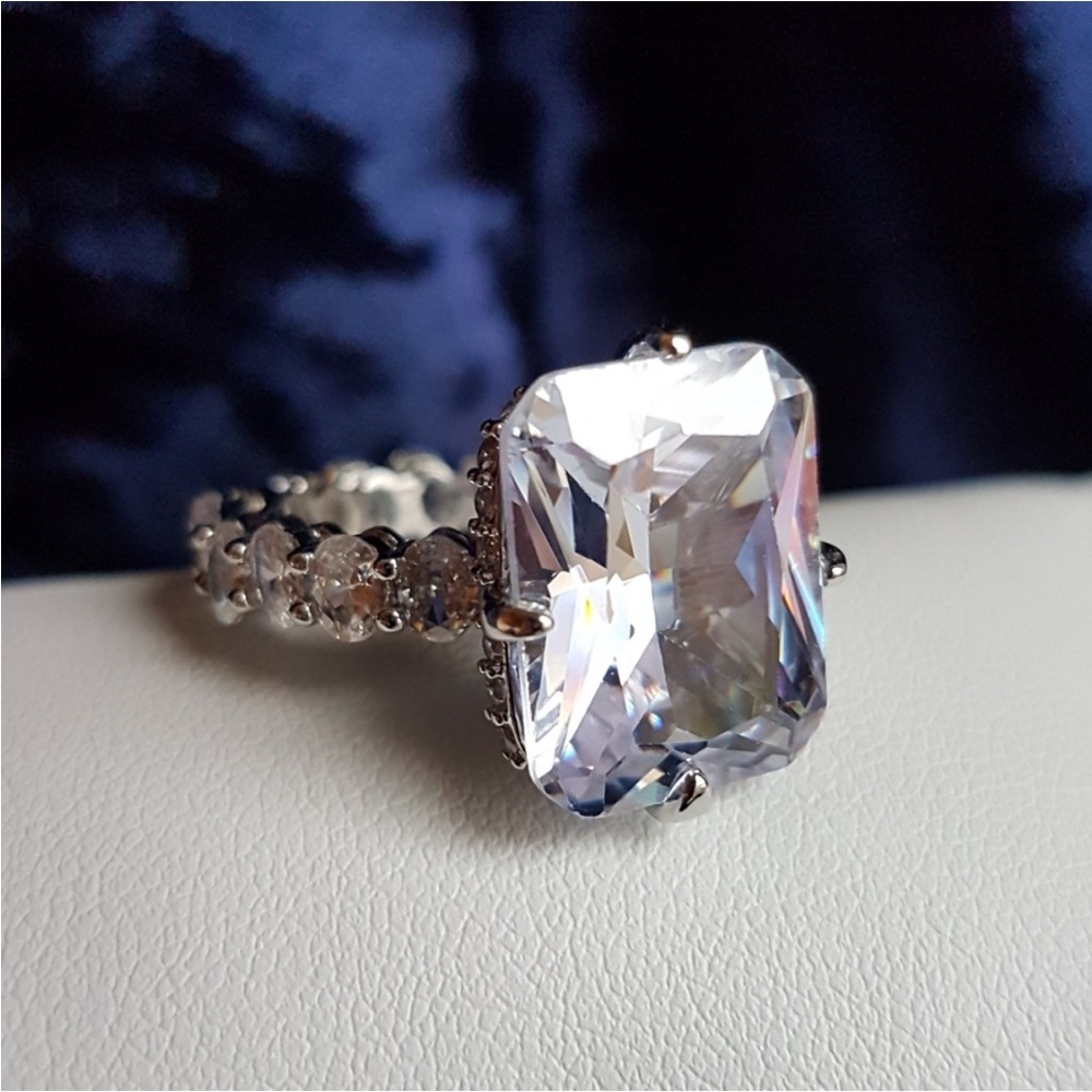 Swarovski Elements 925 Sterling Silver Eternity Band Emerald-cut Solitaire Ring